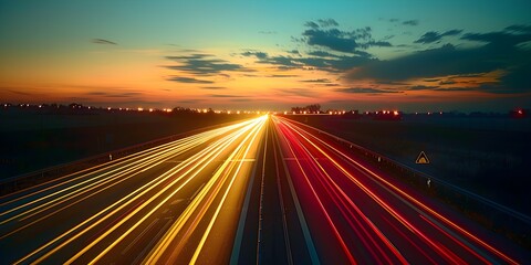 Obraz premium Dynamic Time-Lapse Photo of the Freeway. High Speed Concept Image at Dusk