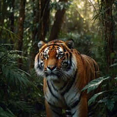 Fototapeta premium Majestic tiger, male, fierce and regal features, orange fur with black stripes and intense amber eyes.