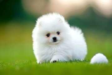 Obraz premium White pomeranian puppy running on green grass minimalist composition with copy space
