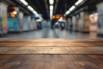 Wooden Table in Modern Subway Station Background, urban lifestyle, transportation, city design