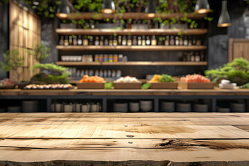 Wooden Table with Fresh Sushi Bar Background