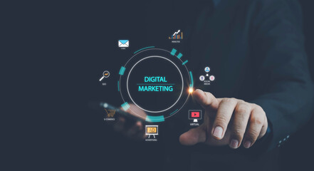 Digital marketing commerce online sale concept, Digital platform for online marketing and network technology concepts, digital , website ad, email, social network, video, SEO and business strategy.