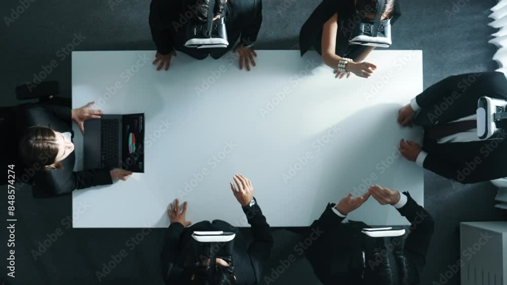 Poster top down aerial view of diverse data analysts wearing vr headset and stand around table while using 