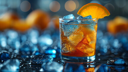 A tall glass filled with a cold, brown beverage and ice cubes could be a cola, iced tea, or a boozy cocktail