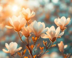 Elegant Spring Blossoms Bathed in Golden Sunlight Close Up of Beautiful White Flowers in Warm Natural Light A Perfect Representation of Seasonal Bloom and Tranquility