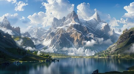 Scenery of peaks and bodies of water