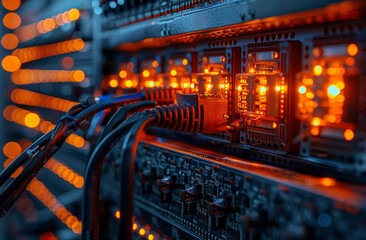 Electricity symphony: a close up of a server with a tangle of wires