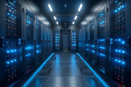 Illuminated symphony: rows of servers in a data center