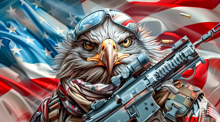 A patriotic eagle is holding a rifle and wearing a camouflage bandana, 4th of july usa independence day concept