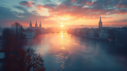 Naklejka premium Zurich, Switzerland city skyline created with Generative AI technology
