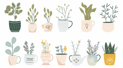 Flowers and gardening tools arranged together, featuring plants, pots, leaves, and nature elements in a vector illustration
