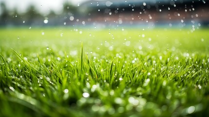 Fototapeta premium Close-up View of Wet Green Grass with Dew Drops in Bright Sunlight