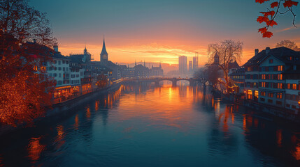 Zurich, Switzerland city skyline created with Generative AI technology