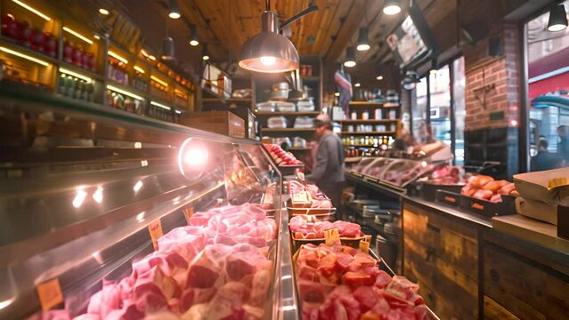Butcher Shop Interior with Meat Display with Ai generated.
