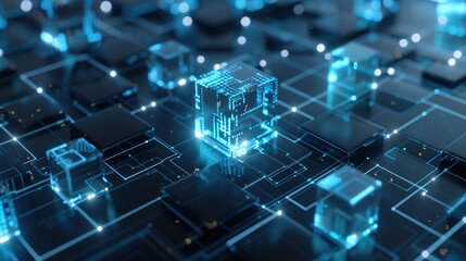 Fototapeta premium High-detail 8K 3D rendering of glowing cubes and lines on a dark blue background representing technology and data science. Central large cube surrounded by smaller ones with blue frosted glass and whi