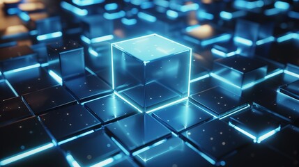 High-detail 8K 3D rendering of glowing cubes and lines on a dark blue background representing technology and data science. Central large cube surrounded by smaller ones with blue frosted glass and whi