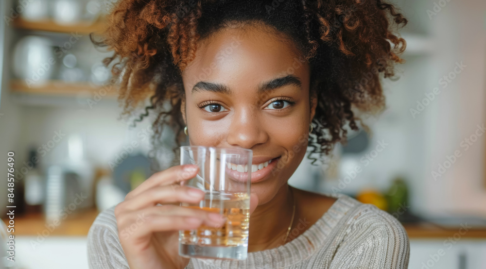 Sticker a woman is smiling and holding a glass of water