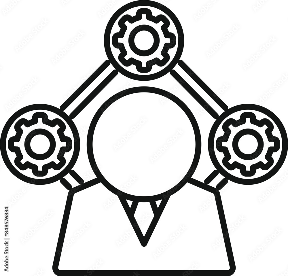 Poster line drawing of a businessman managing a work flow symbolized by three gears connected with lines