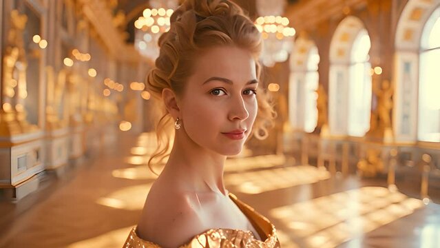 Elegant Woman in Ornate Historical Hall with Ai generated.
