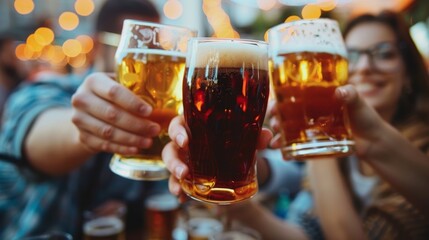 Close-up of friends toasting with different types of beer in a joyful outdoor setting with warm, festive lights - Powered by Adobe