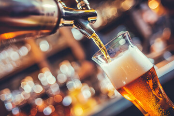 Beer being poured from a tap into a glass, with a bar setting in the background