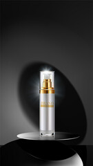 Cosmetic Product with circle Mirror . Realistic showcase for beauty product. black and white background .Vector illustration.