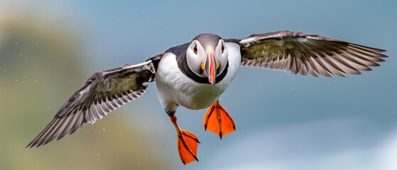 Fototapeta premium Atlantic puffin flying over the ocean; captured at Machias Seal Island, Maine.