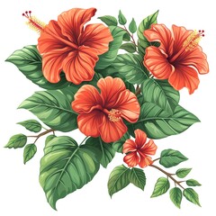 A hibiscus plant clipart, house plant element, green and red, isolated on white background