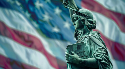 Fototapeta premium A statue of Liberty holding a book in front of the American flag, US Independence Day 4th of July concept