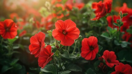 Close-up of red geranium flowers with green leaves in a garden setting.