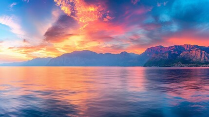 Fototapeta premium Sunset over mountain range reflecting on calm lake with colorful clouds.