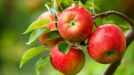 Obraz premium Red apples with water droplets hanging from a tree branch in a green orchard.
