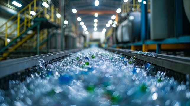 Conveyor belt with crushed plastic bottles in a recycling plant.