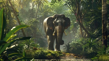 Fototapeta premium The gentle elephant strolled gracefully through the jungle moving with a serene and majestic presence