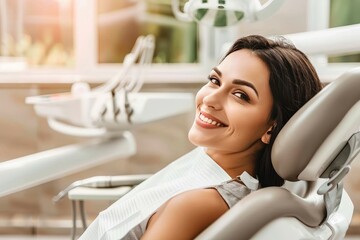 Confident woman smiling in bright, airy dentist chair   minimalist scene exuding confidence