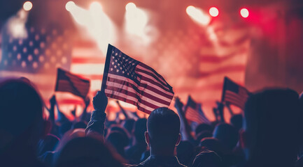 A crowd of people are holding up American flags, US Independence Day 4th of July concept