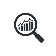 Magnifier and graph icon. Graphs, charts, growth and market analysis. Vector illustration
