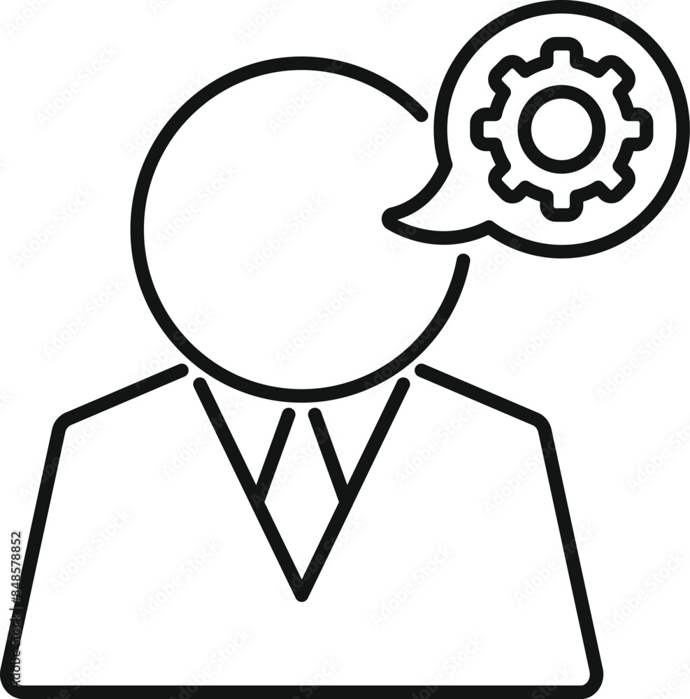 Wall mural Businessman is thinking about a work process, symbolized by a gear icon in a speech bubble