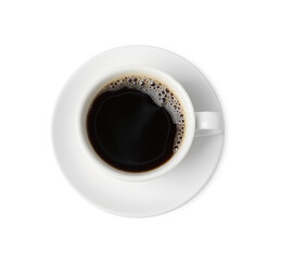 Aromatic coffee in cup isolated on white, top view
