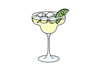 Illustration of a margarita cocktail with lime ands salted rim, drawing of lime citrus mocktail, refreshing tequila alcoholic beverage