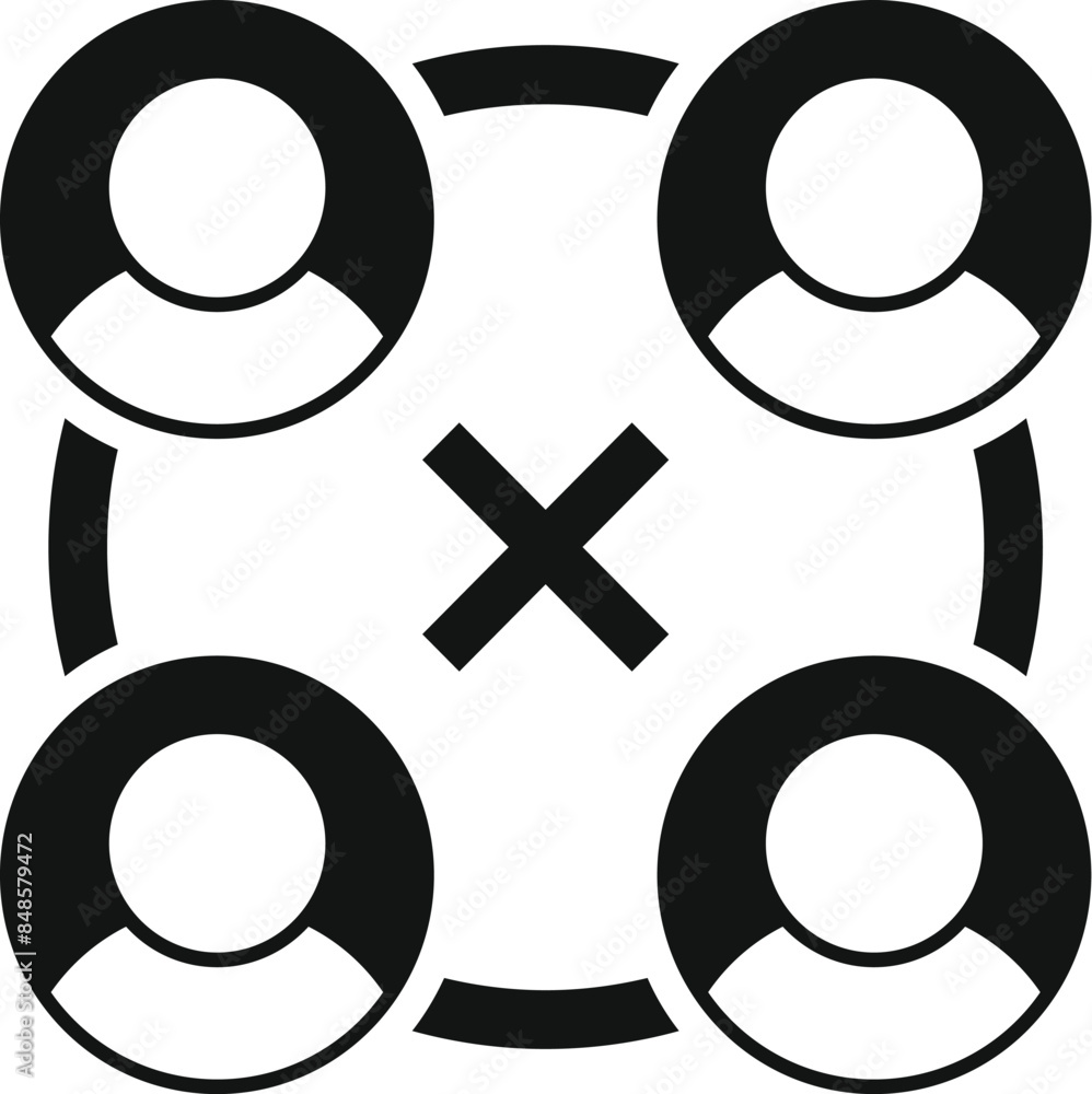Poster simple black and white icon of four people connected in a network with a cross in the middle, indica