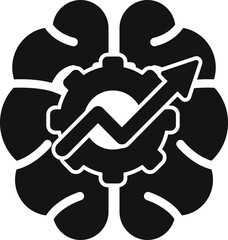 Black and white icon representing the concept of business intelligence with a brain and a growing arrow