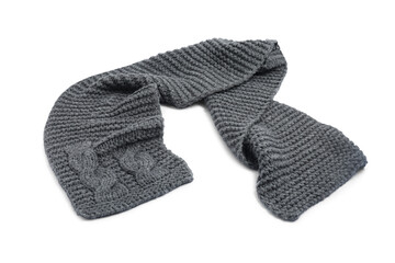 One grey knitted scarf on white background