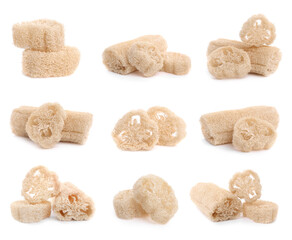 Natural loofah sponges isolated on white, set