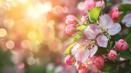 Apple tree in full bloom with close up of flowers against blurred background