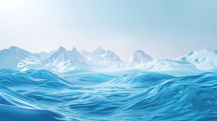Obraz premium 3D rendering of a beautiful abstract background featuring blue waves and snowy mountains on the horizon. Vector illustration in hyper-realistic style, created with Octane rendering in high resolution 