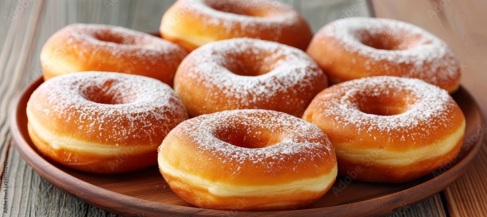 Poster colorful stack of powdered donuts on plain background, emphasizing shape and color