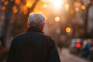 Elderly Man Walking Down a City Street at Sunset