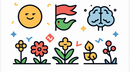 Fototapeta premium Easter-themed cartoon illustration of smiling animal faces on colorful eggs with flowers and nature elements