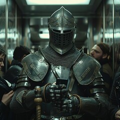 In a packed elevator, a person stands out by wearing a full knight's armor, complete with a helmet and sword, nonchalantly checking their phone